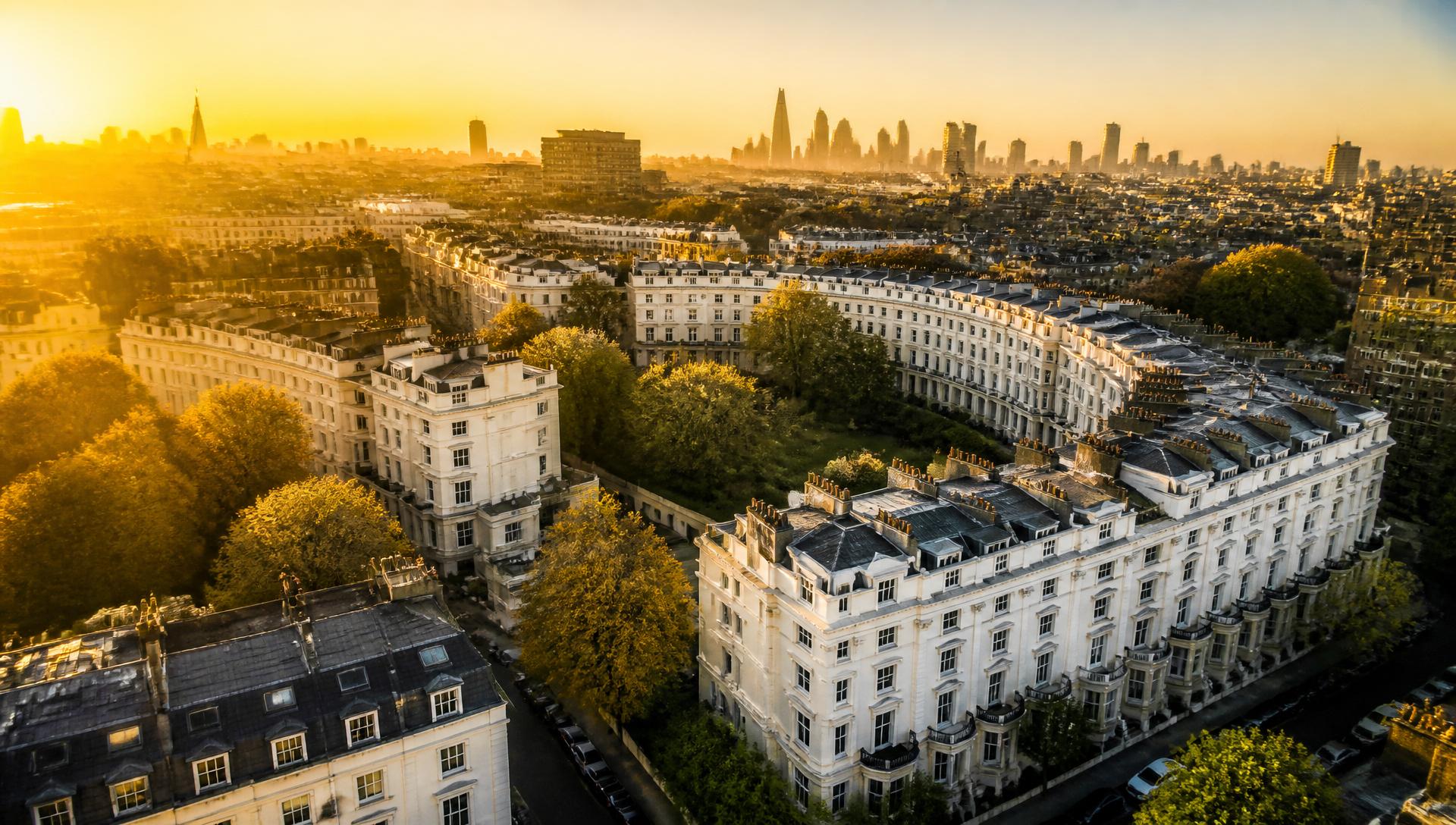 Aerial view of premium residential London at sunrise