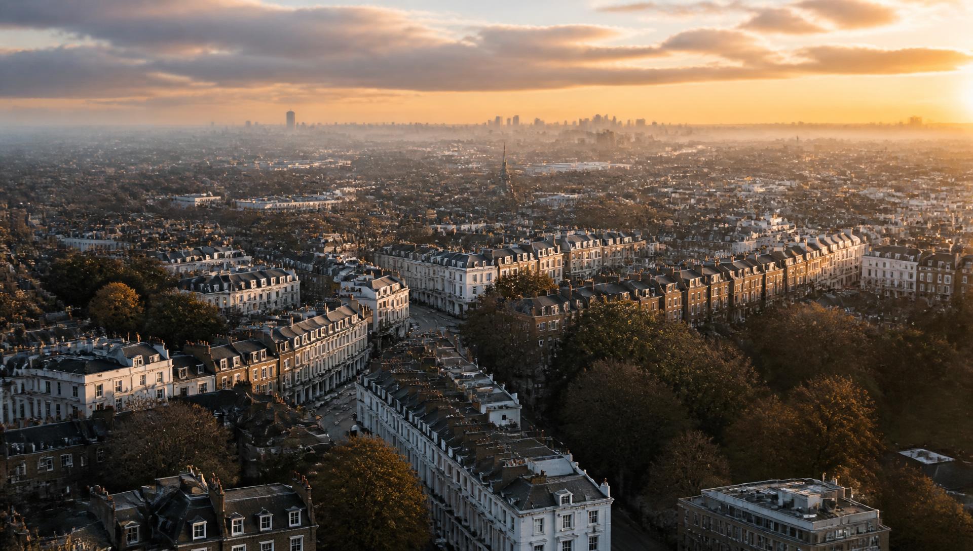Aerial view of premium residential London at sunrise