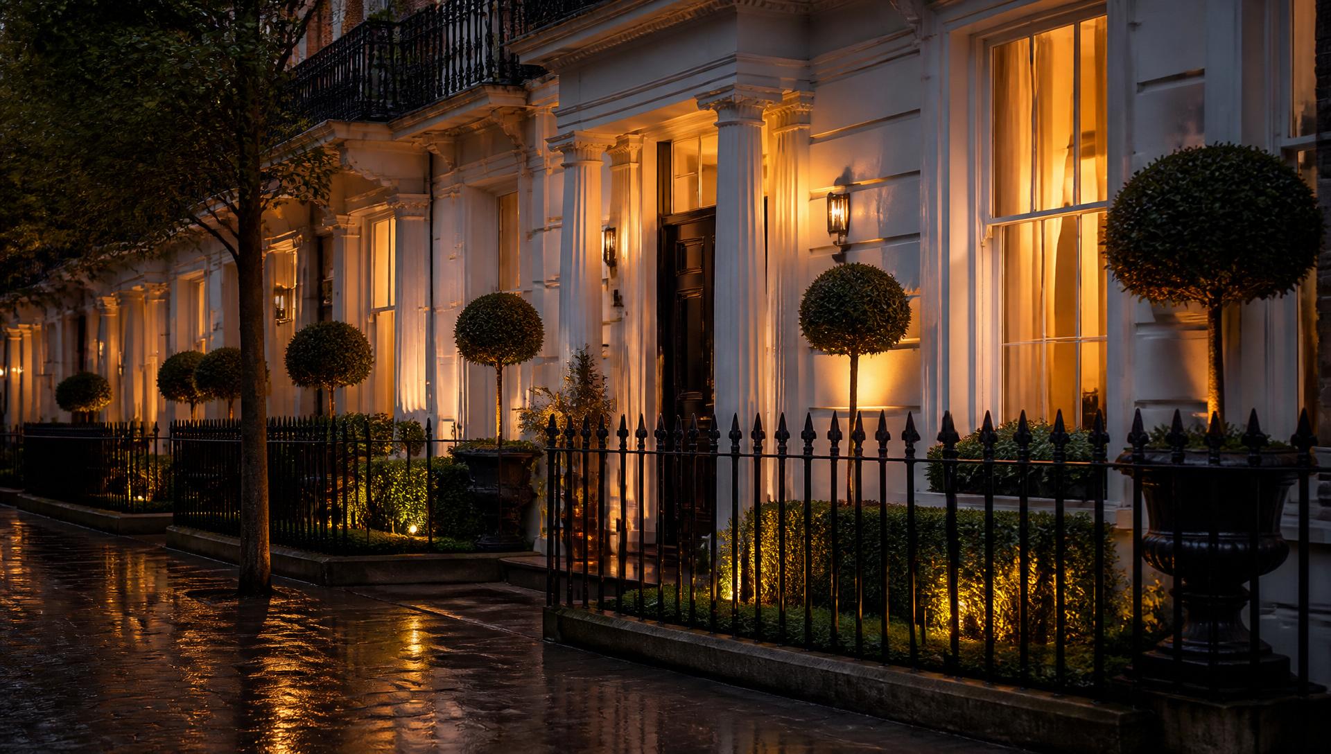Warmly lit London townhouse with immaculate front garden